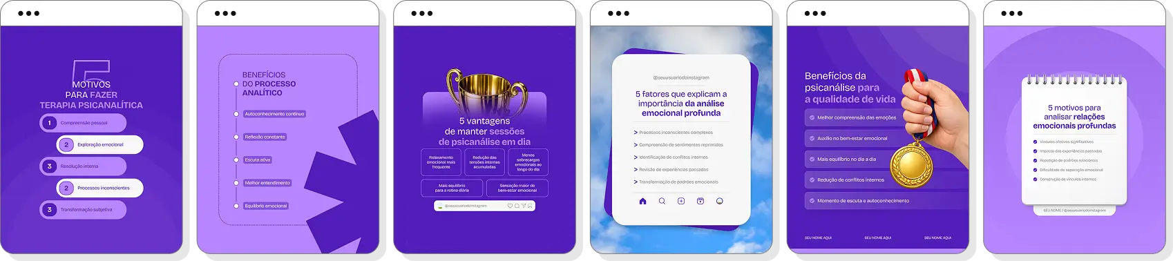 Posts para psicanálise com pack de conteúdo editável no Canva para Instagram de reflexão emocional