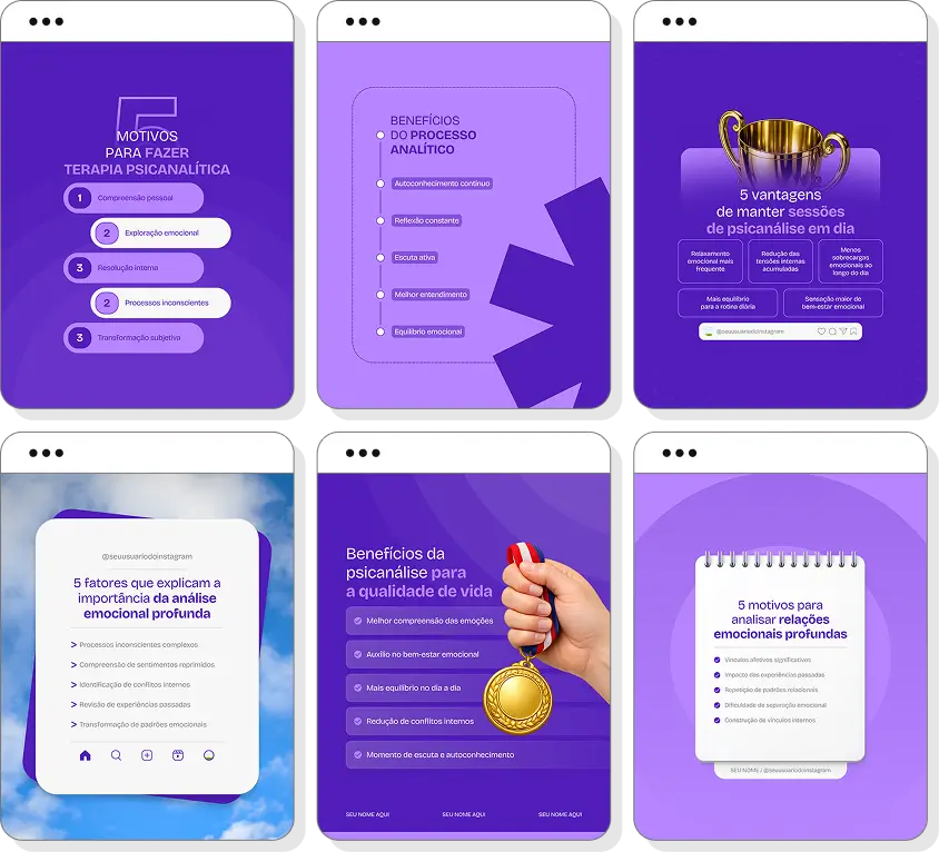 Pack de posts editáveis para Instagram psicanálise com foco em emoções e autoconhecimento