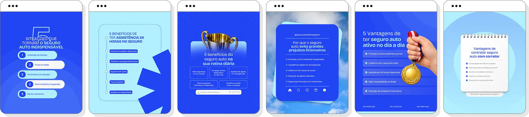 Posts para corretor de seguro auto com pack de conteúdo editável no Canva para Instagram de seguros