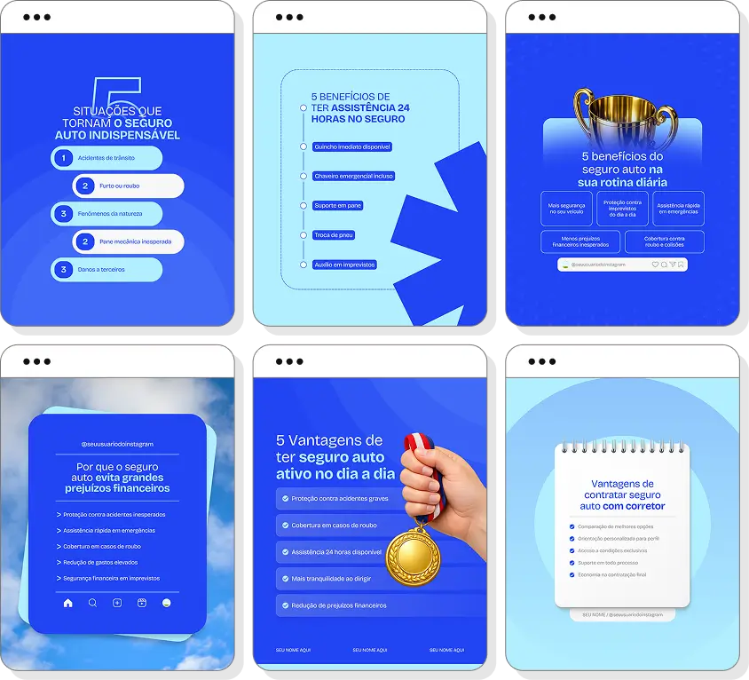 Pack Canva corretor de seguro auto com artes para Instagram de seguro de carro e proteção automotiva