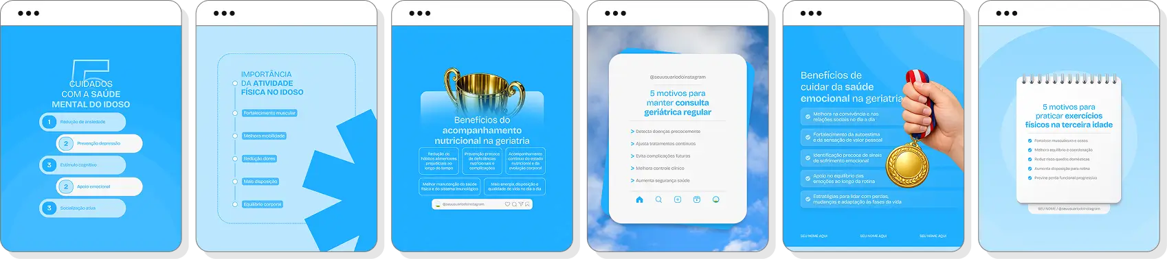 Pack Canva geriatria com posts editáveis para Instagram de saúde do idoso e bem-estar na terceira idade