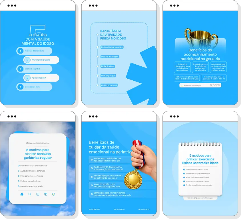 Posts para geriatria com ideias de conteúdo para Instagram sobre envelhecimento saudável e cuidados com idosos