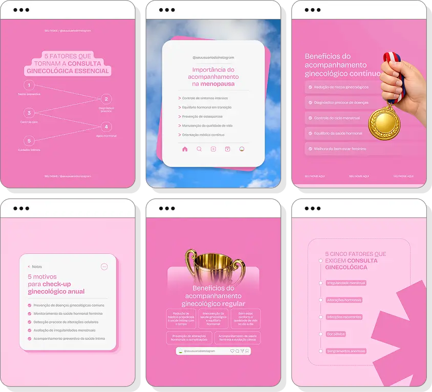 Pack Canva ginecologista com posts editáveis para Instagram de ginecologia e saúde feminina