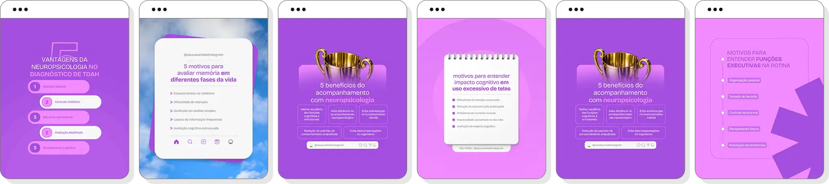 Posts para neuropsicologia com pack de conteúdo editável no Canva para Instagram de cognição