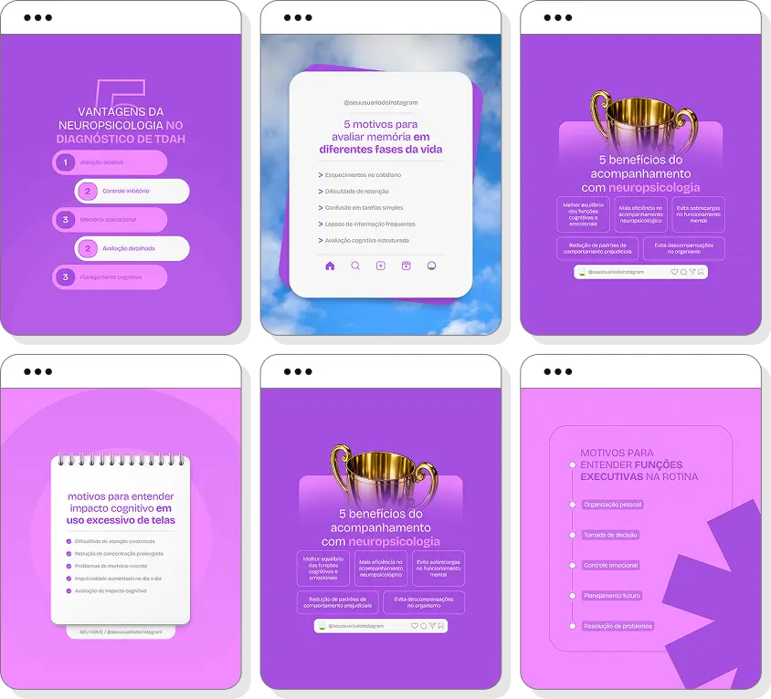 Social media neuropsicologia com templates para Instagram de cérebro e funções cognitivas
