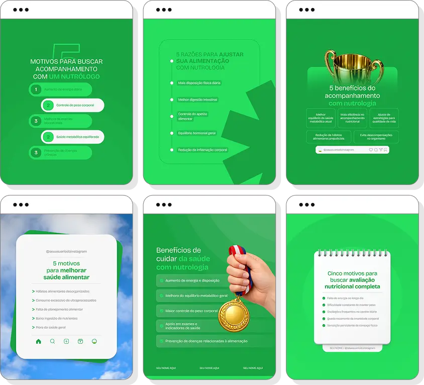Pack de posts para nutrologia com ideias de conteúdo para Instagram de saúde e alimentação