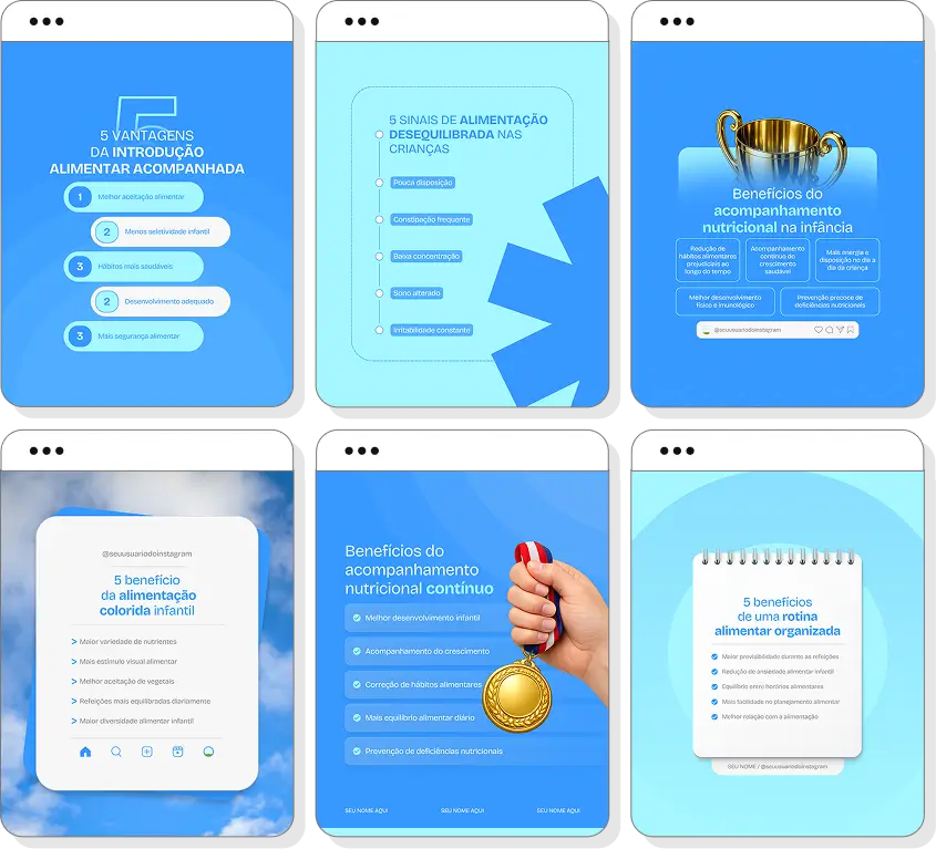 Pack Canva nutrição infantil com conteúdos editáveis para social media de alimentação infantil