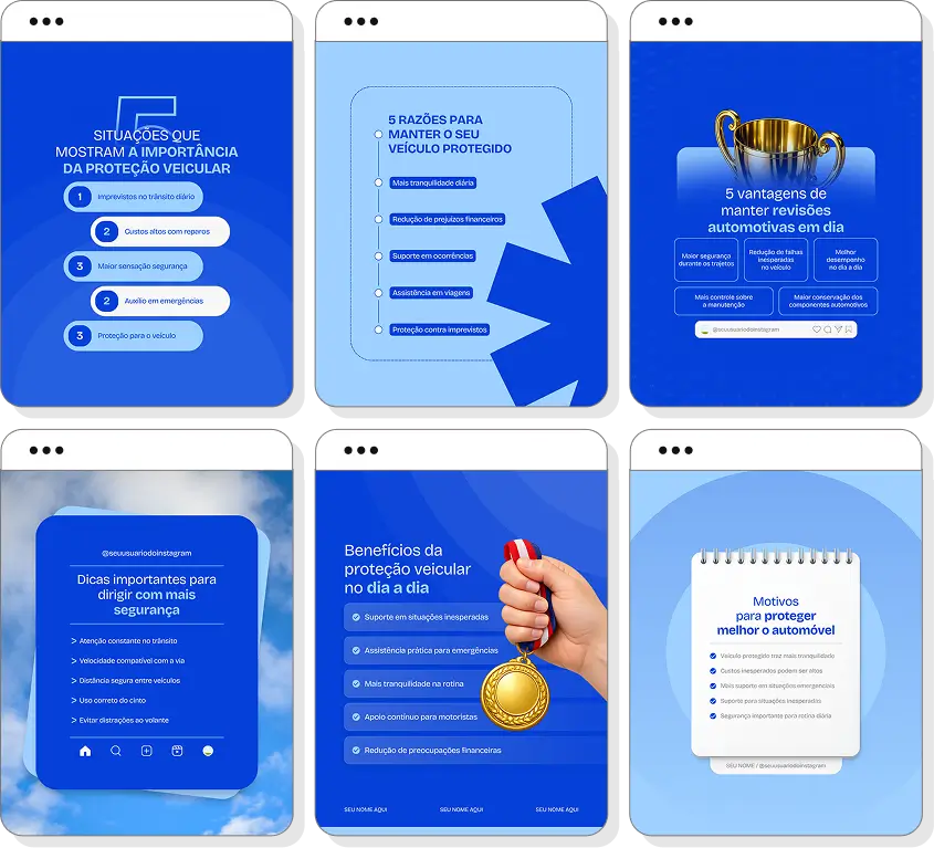 Pack de posts proteção veicular com conteúdo para Instagram de benefícios e segurança automotiva
