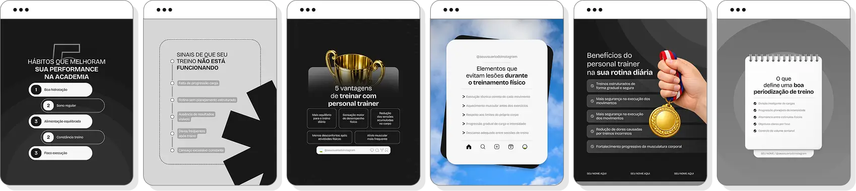 Pack de personal trainer com conteúdos editáveis para Instagram de atividade física e resultados