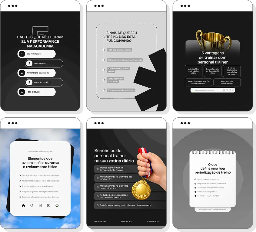 Social media para personal trainer com pack de posts editáveis no Canva para Instagram profissional