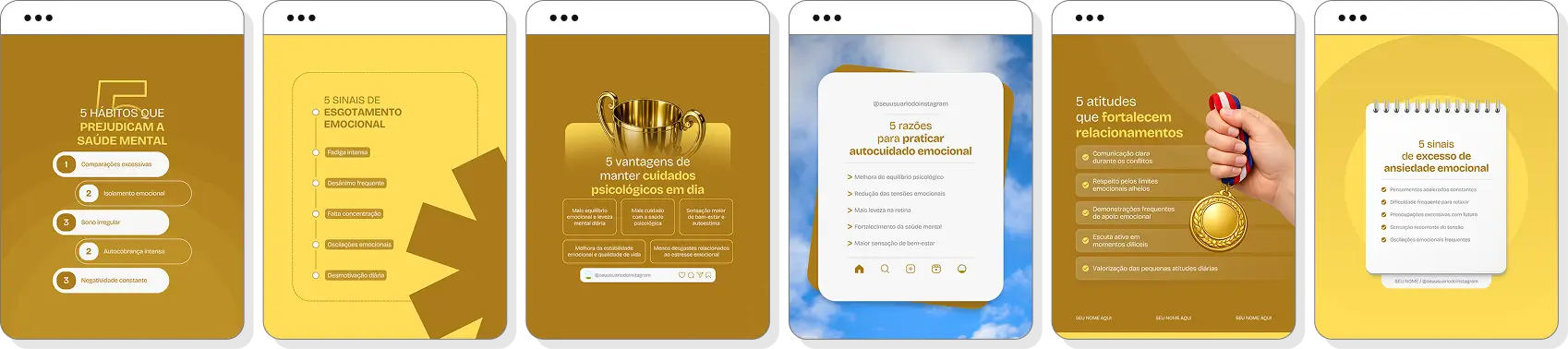 Pack Canva psicologia com posts editáveis para Instagram de emoções, comportamento e bem-estar emocional