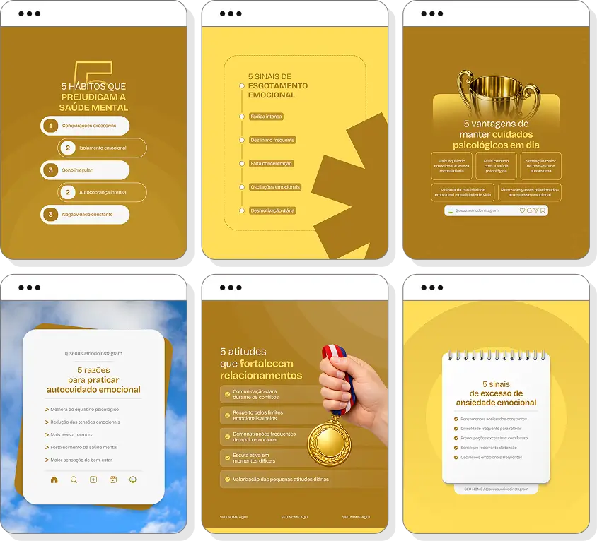 Pack de posts para psicologia com templates no Canva para Instagram sobre saúde mental e autoconhecimento