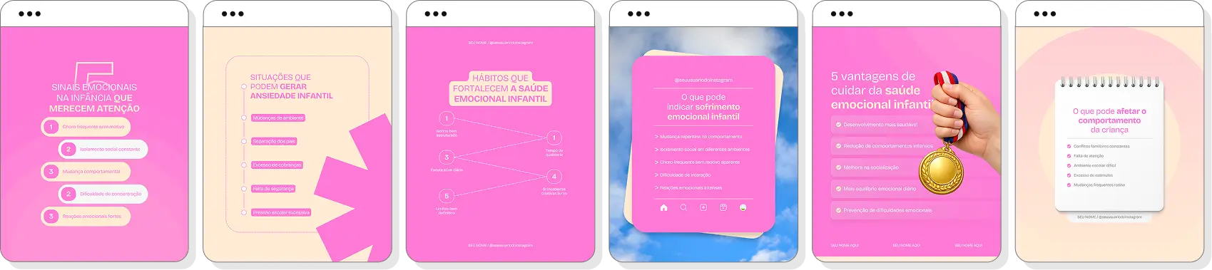 Pack Canva psicologia infantil com artes para Instagram de infância, emoções e comportamento