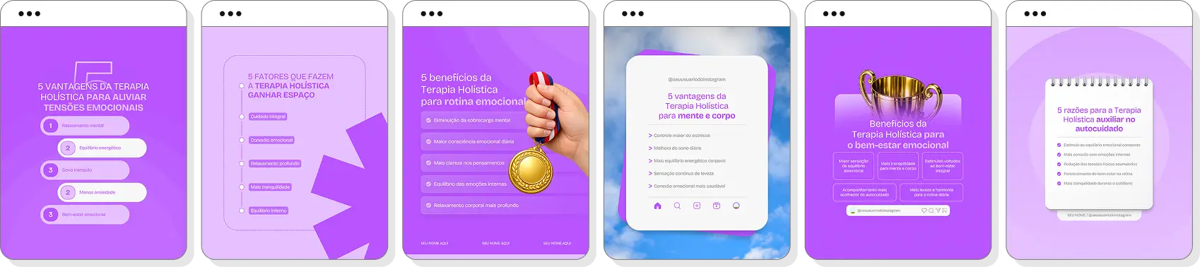 Pack Canva terapia holística com artes para Instagram de desenvolvimento pessoal e bem-estar
