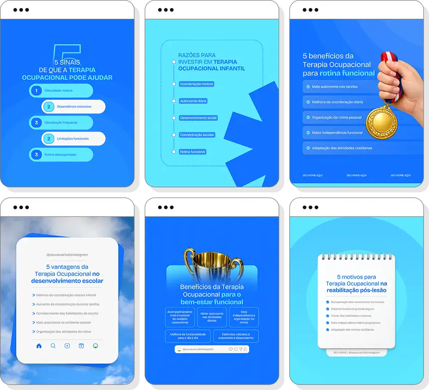 Posts para terapia ocupacional com pack de conteúdo editável no Canva para Instagram de autonomia