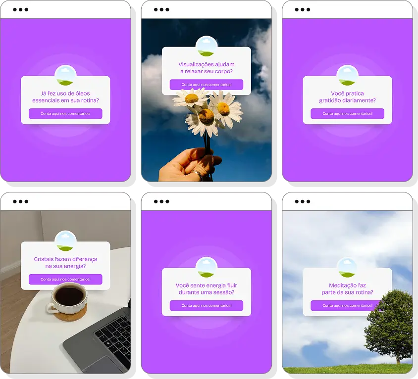 Pack de posts terapia holística com conteúdo para Instagram de saúde integrativa e autocuidado