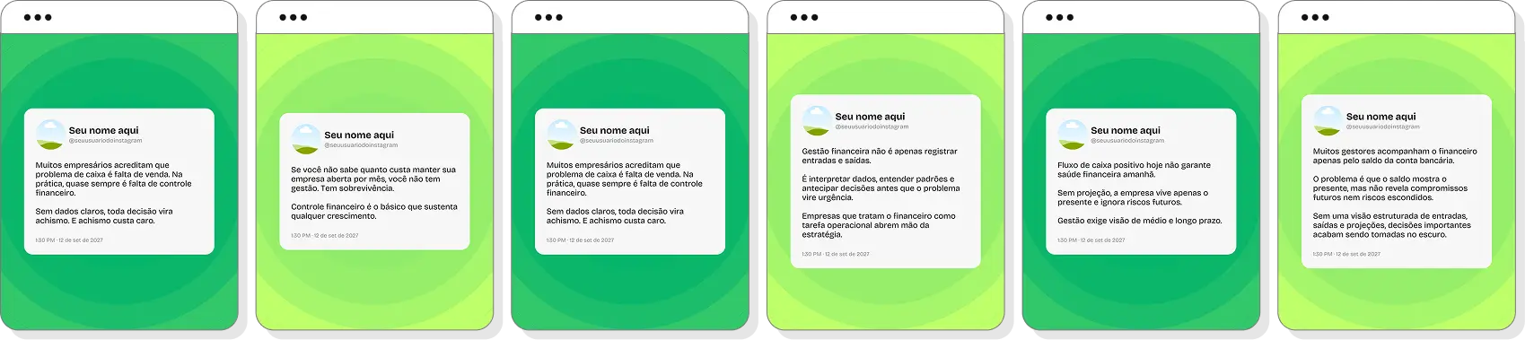 Pack Canva BPO financeiro com ideias de posts para perfil de Instagram sobre finanças e gestão empresarial