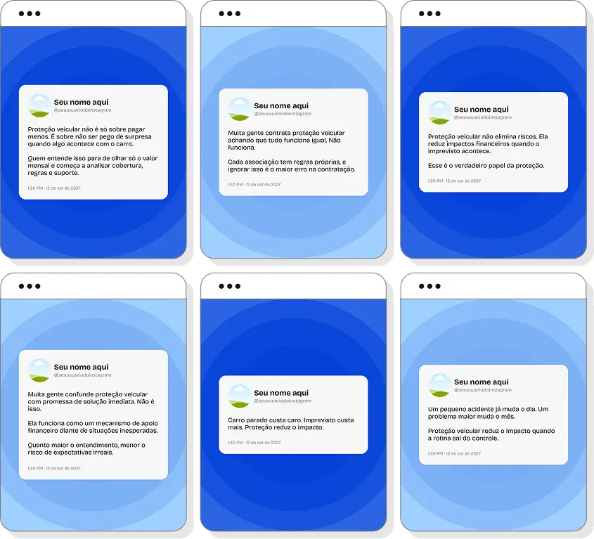 Pack Canva proteção veicular com conteúdos editáveis para social media de veículos e proteção