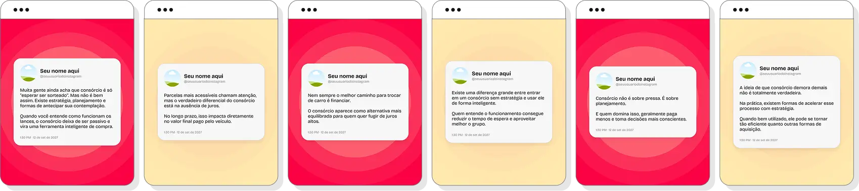 Pack Canva consórcio de carros com ideias de posts para perfil de Instagram sobre carros e consórcio