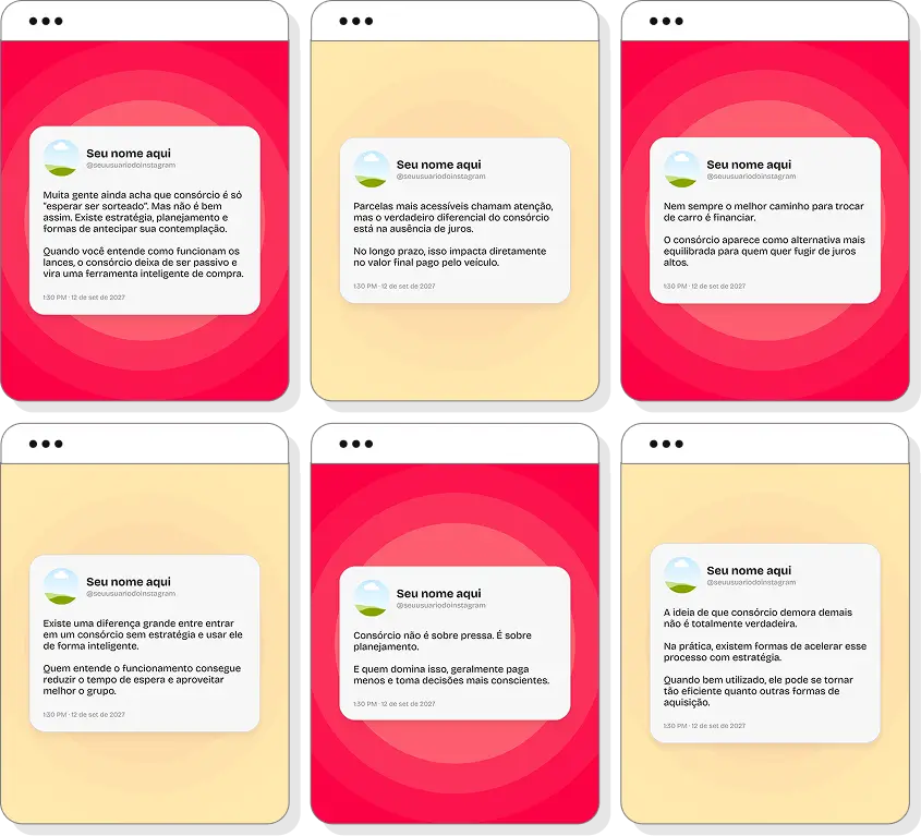 Pack de posts editáveis consórcio de carros com foco em planejamento financeiro e aquisição de automóveis
