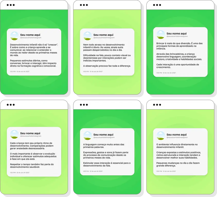 Posts para desenvolvimento infantil com pack de conteúdo editável no Canva para Instagram infantil