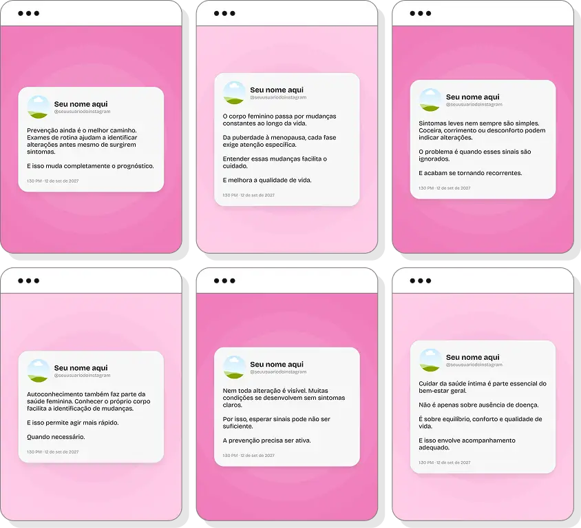 Pack de posts editáveis ginecologista com foco em ginecologia preventiva e saúde da mulher