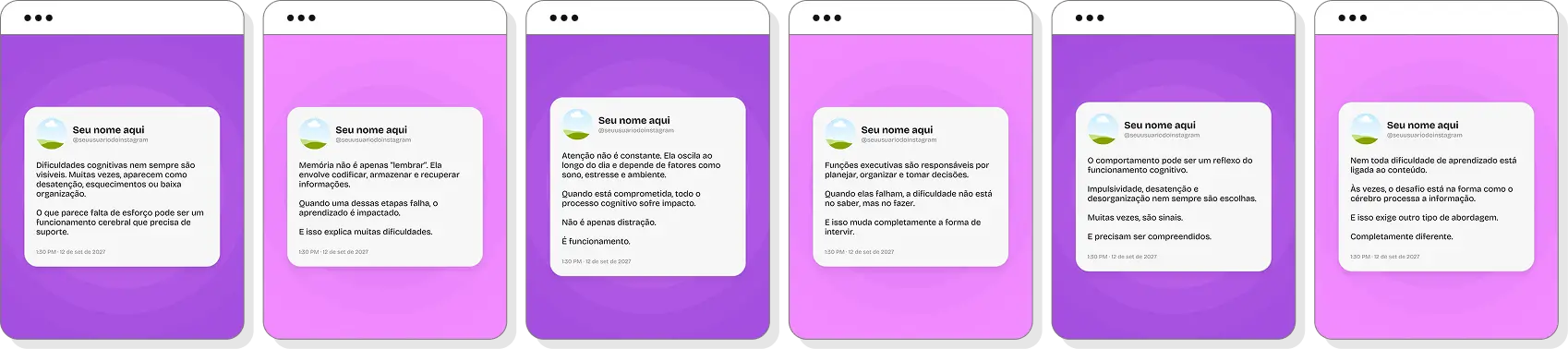 Pack Canva neuropsicologia com posts para Instagram de desenvolvimento cognitivo e comportamento