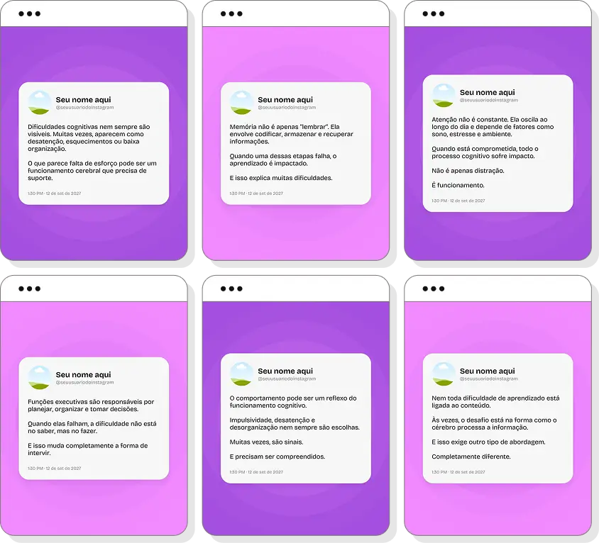 Pack de posts neuropsicologia com templates para Instagram de funções executivas e cognição