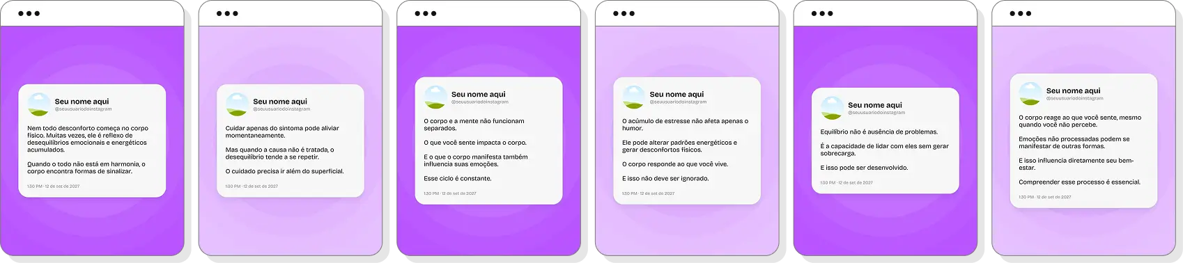 Posts para Instagram terapia holística com pack Canva editável sobre bem-estar e desenvolvimento pessoal