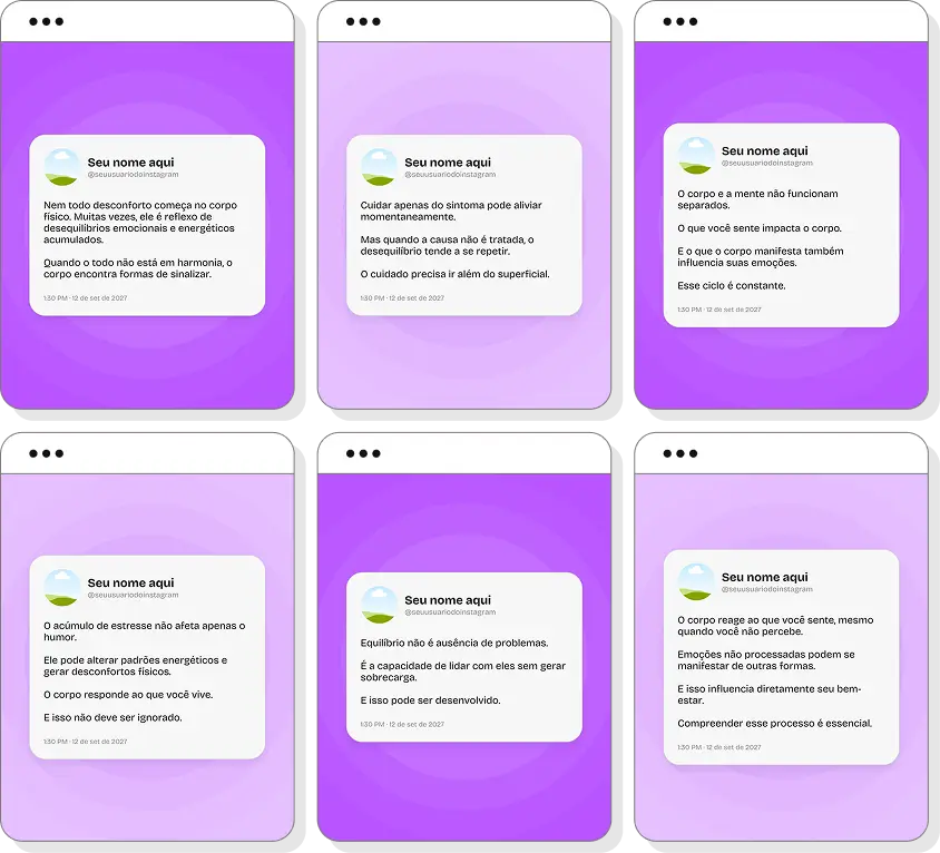 Pack Canva terapia holística com posts para Instagram de harmonia, energia e qualidade de vida