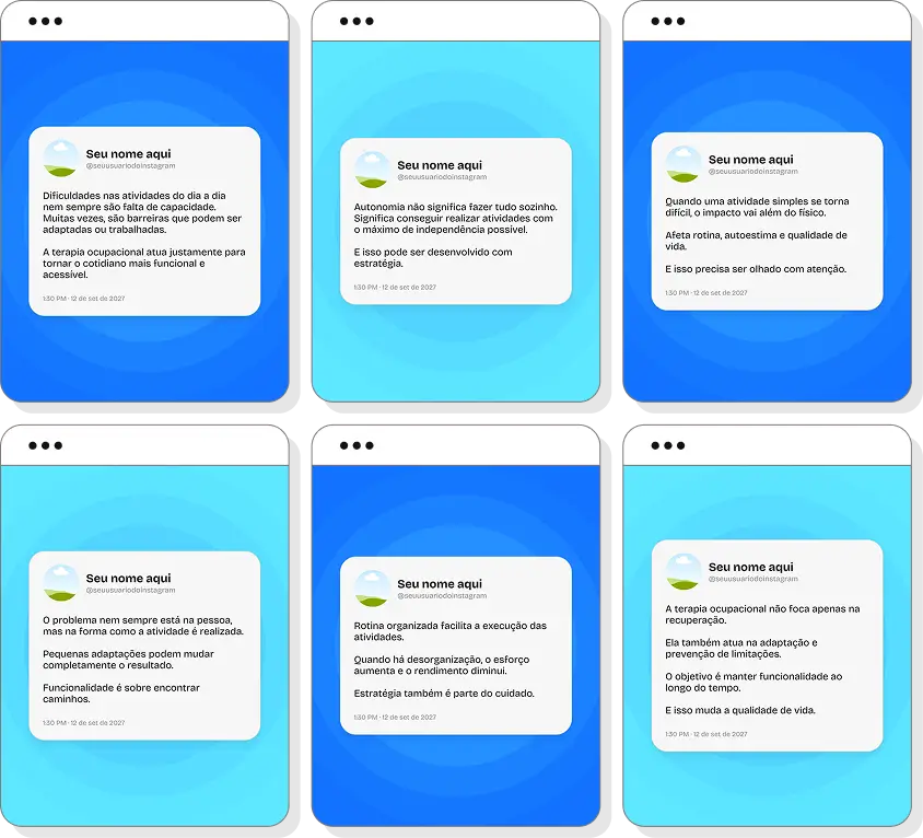 Pack Canva terapia ocupacional com posts para Instagram de desenvolvimento e independência funcional