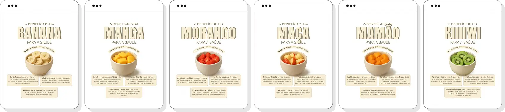 Pack de posts editáveis no Canva sobre nutrição e benefícios das frutas, ideal para nutricionistas que desejam criar conteúdos educativos sobre vitaminas, minerais, fibras e a importância do consumo diário de frutas, mantendo um feed leve, visual e profissional no Instagram.