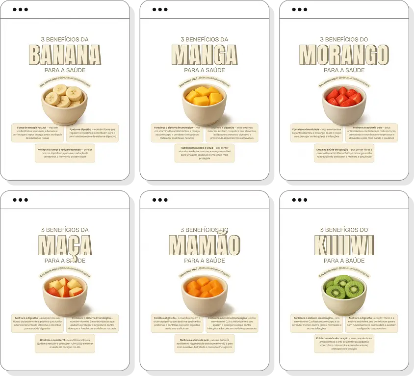 Posts editáveis no Canva para nutrição focados em frutas e seus benefícios, voltado para conteúdos sobre saúde intestinal, imunidade, hidratação, energia natural e prevenção de doenças, facilitando a criação de posts claros e informativos para pacientes e seguidores.