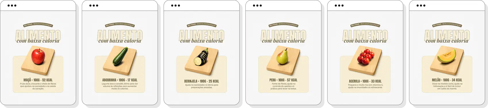 Pack de artes editáveis no Canva com sugestões de alimentos de baixa caloria, perfeito para profissionais que produzem conteúdo sobre dieta equilibrada, reeducação alimentar, substituições inteligentes e hábitos alimentares saudáveis.