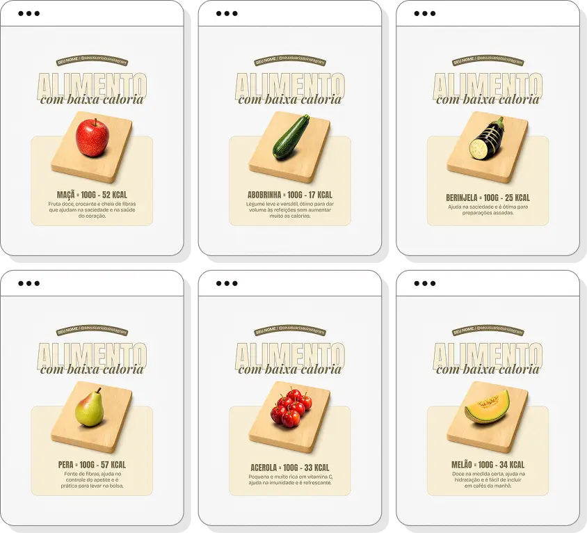 Pack de artes editáveis no Canva com sugestões de alimentos de baixa caloria, perfeito para profissionais que produzem conteúdo sobre dieta equilibrada, reeducação alimentar, substituições inteligentes e hábitos alimentares saudáveis.