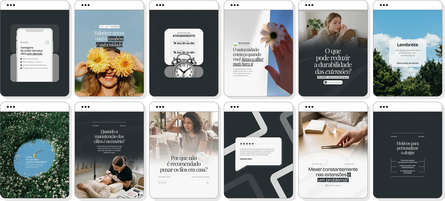 Pack de posts para Lash Designer com templates editáveis para Instagram sobre extensão de cílios, beleza e cuidados
