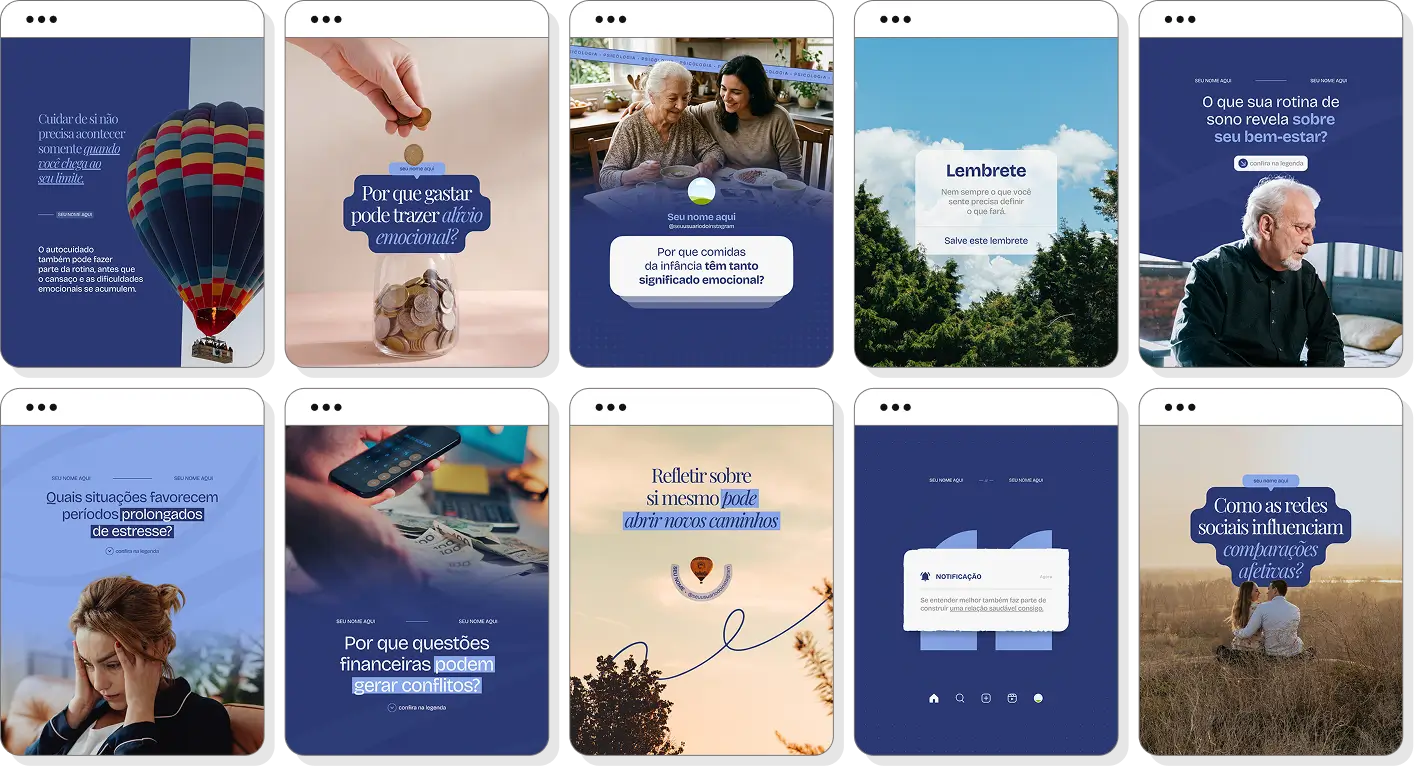 Posts no Canva para psicologia com conteúdo para Instagram sobre saúde mental, emoções e bem-estar