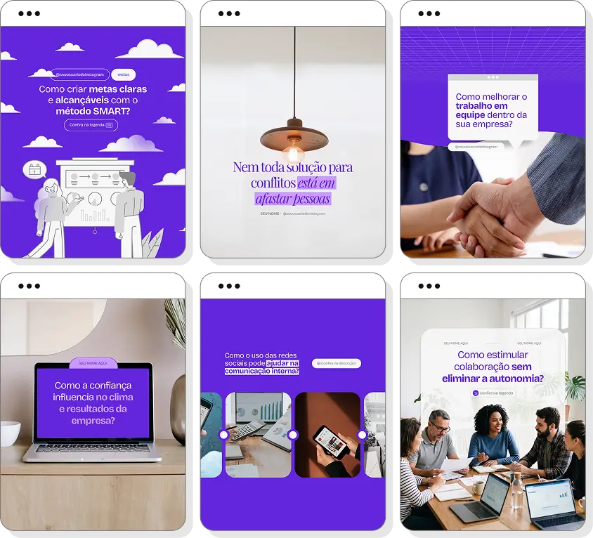 Posts no Canva para Recursos Humanos com conteúdo para Instagram sobre gestão de pessoas, liderança e trabalho