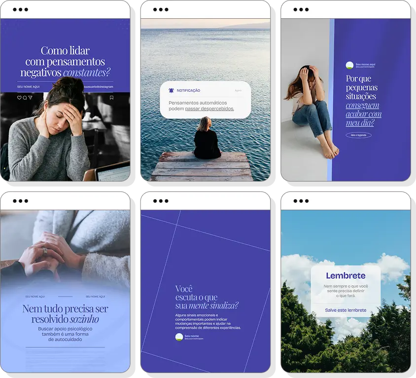 Posts no Canva para Terapia Cognitivo-Comportamental com conteúdo para Instagram sobre TCC, emoções e comportamento