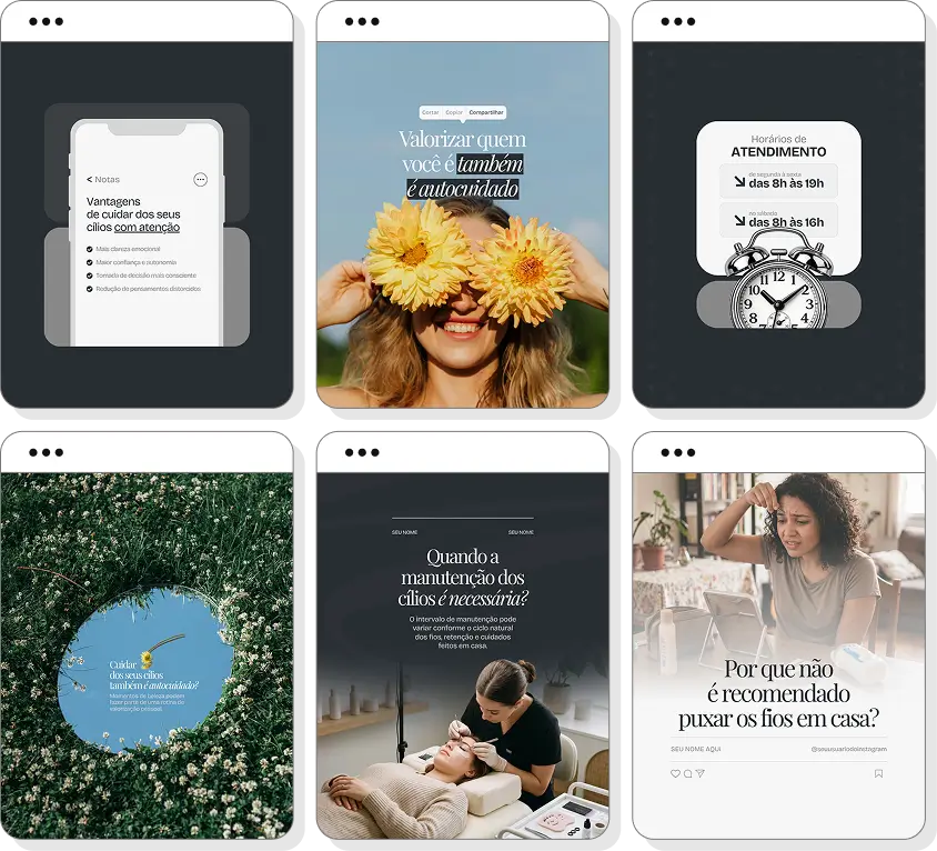 Posts para Lash Designer com ideias de conteúdo para Instagram sobre extensão de cílios e cuidados