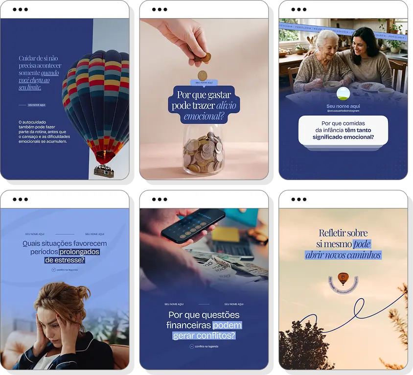 Pack de posts para psicologia com templates editáveis para Instagram sobre saúde mental, emoções e autoconhecimento