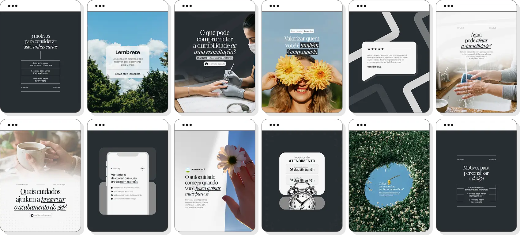 Pack de posts para Nail Design com templates editáveis para Instagram sobre unhas, esmaltação e cuidados