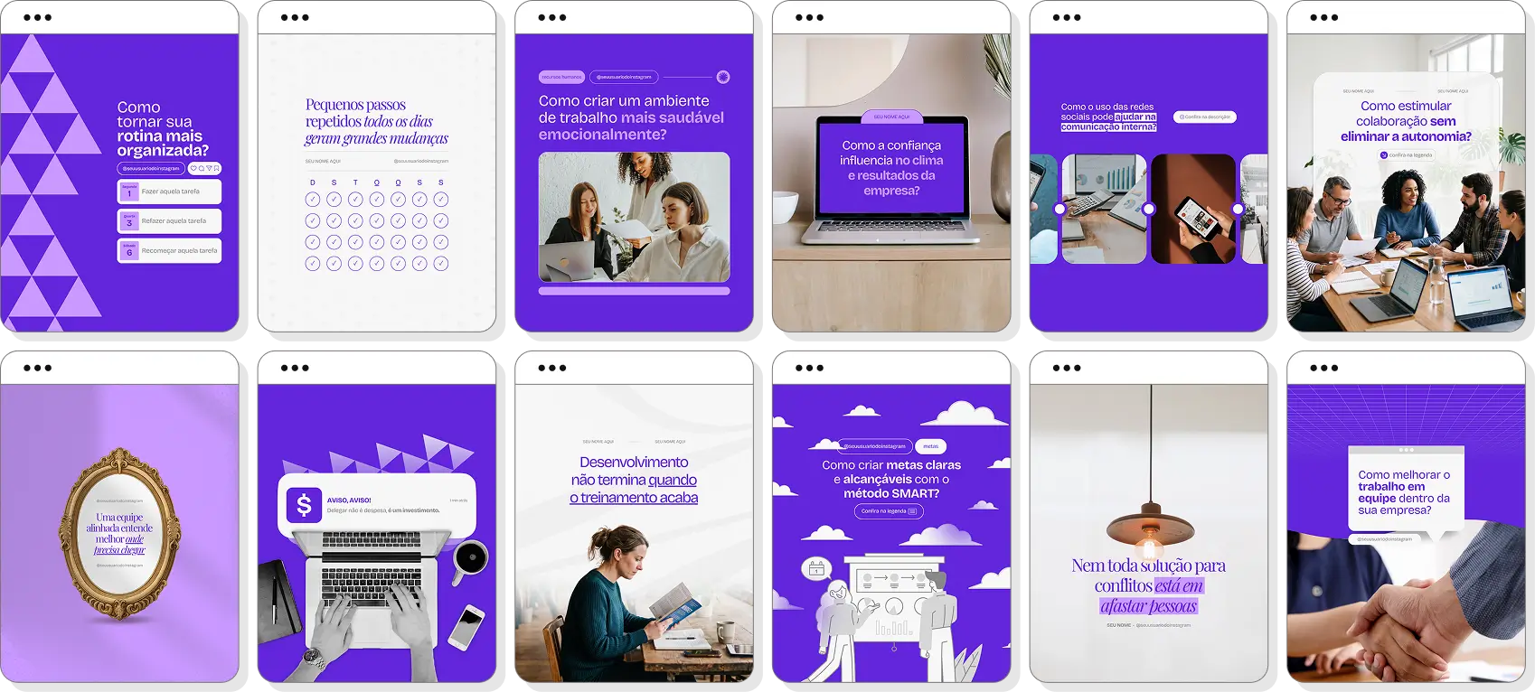 Pack de posts editáveis para Recursos Humanos com conteúdo para Instagram de recrutamento e desenvolvimento