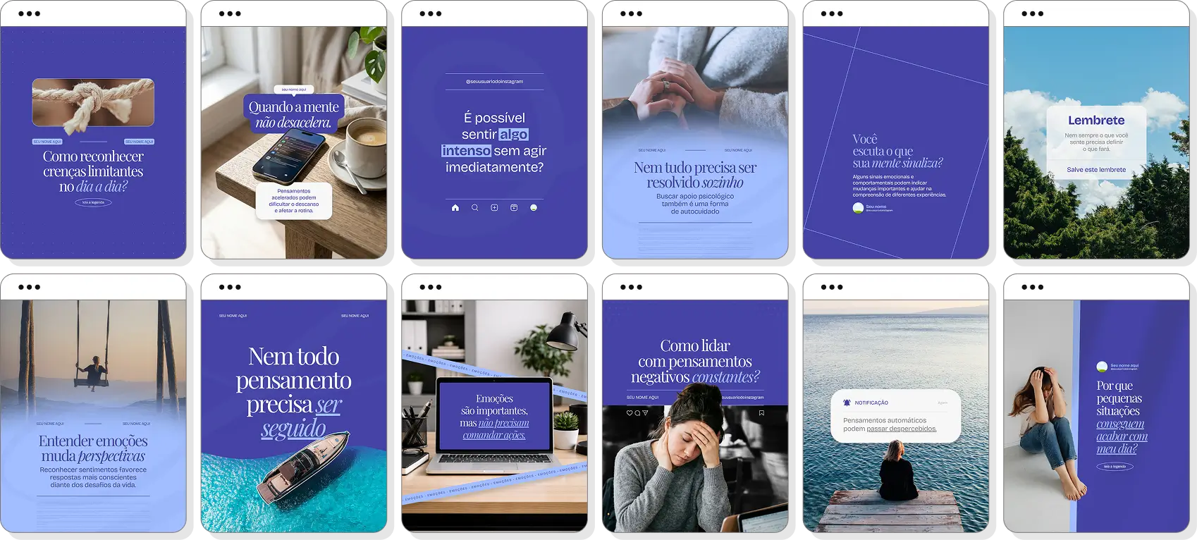 Pack de posts para Terapia Cognitivo-Comportamental com templates editáveis para Instagram sobre TCC e saúde mental