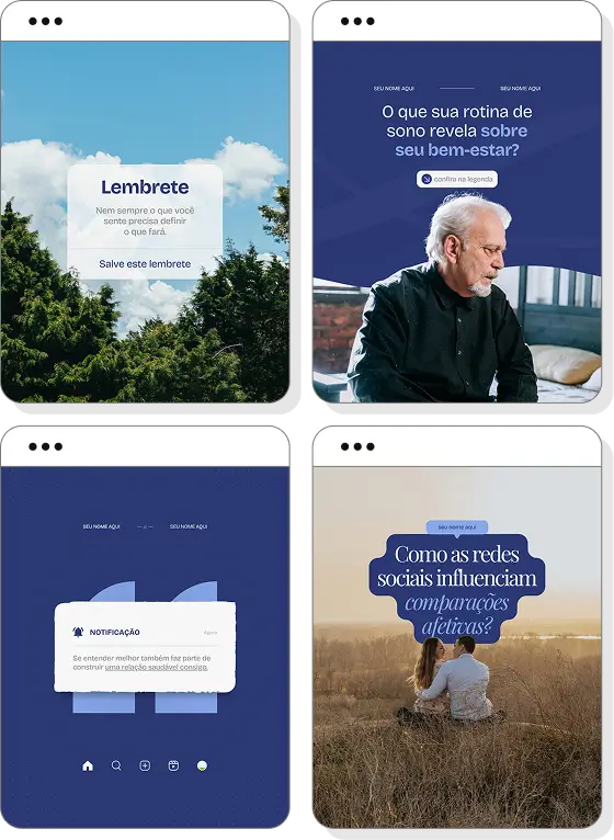 Pack de posts editáveis para psicologia com foco em saúde mental, autoconhecimento e desenvolvimento emocional