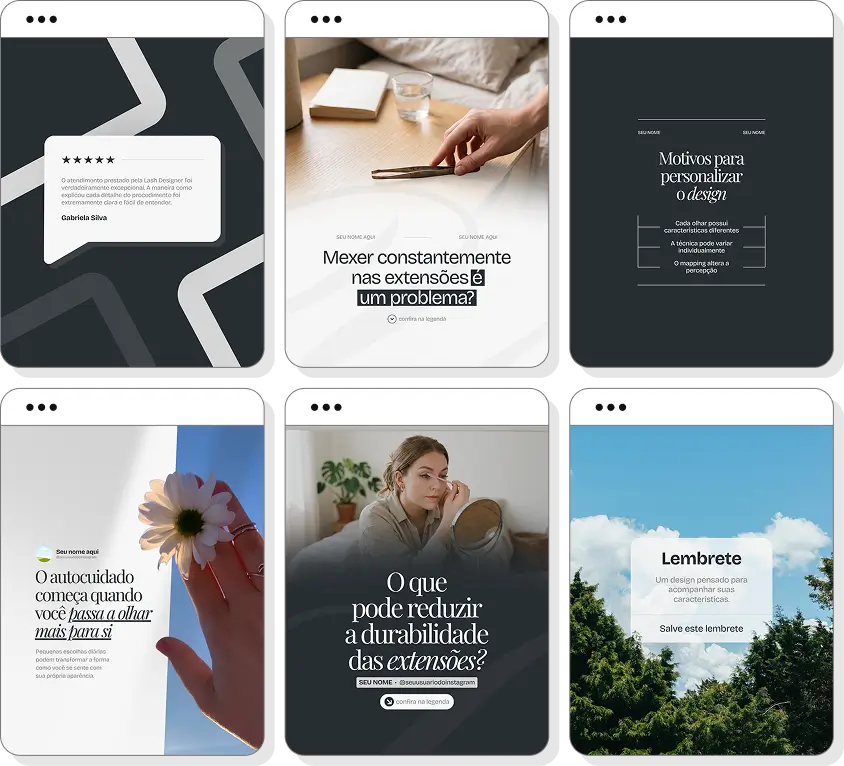 Posts no Canva para Lash Designer com conteúdo para Instagram sobre cílios, procedimentos e beleza