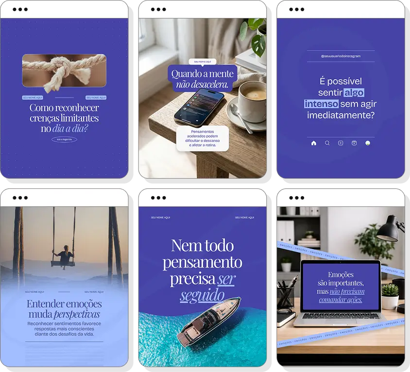 Posts para Terapia Cognitivo-Comportamental com ideias de conteúdo para Instagram sobre pensamentos, emoções e comportamento