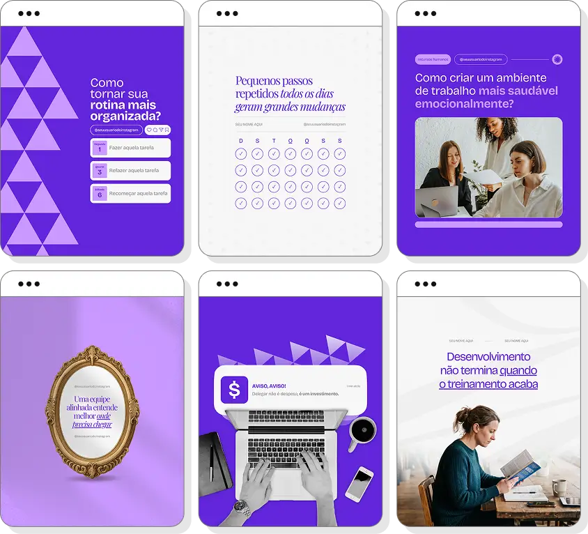 Posts para Recursos Humanos com ideias de conteúdo para Instagram sobre carreira, recrutamento e desenvolvimento profissional