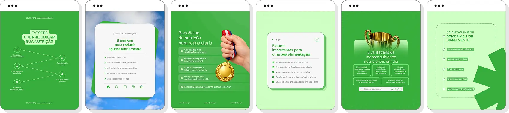 Pack de nutrição com conteúdos editáveis para Instagram de alimentação equilibrada e bem-estar