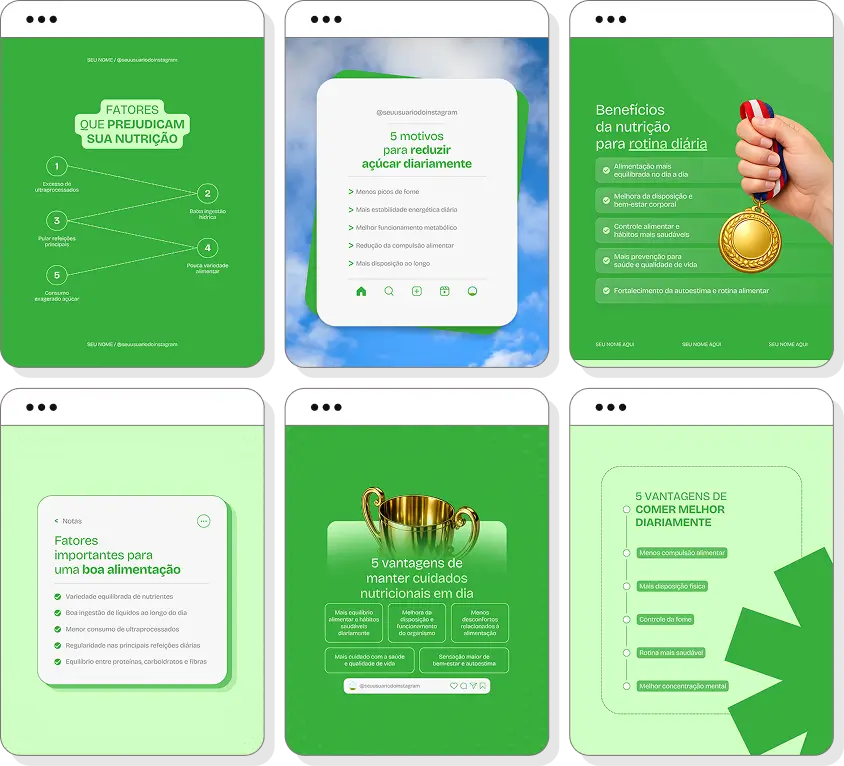 Social media para nutrição com pack de posts editáveis no Canva para Instagram profissional